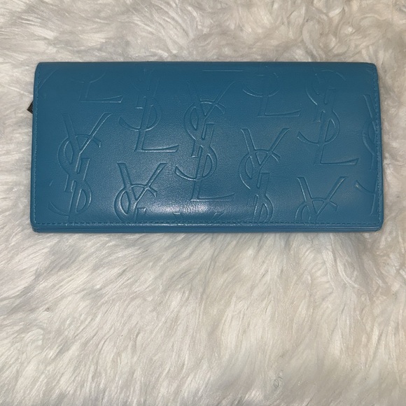 Yves Saint Laurent Long Wallet Vivid Color Turquoise Blue Leather EUC - Picture 5 of 14